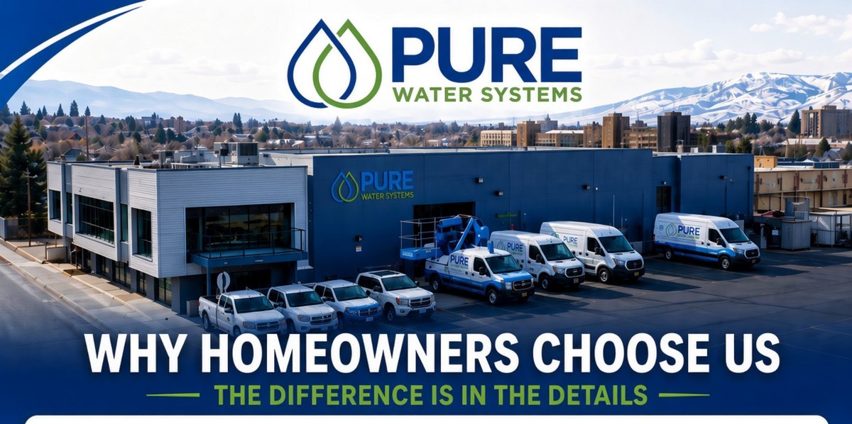 Pure Water Systems headquarters in Reno, the company fleet, and the headline Why Homeowners Choose Us
